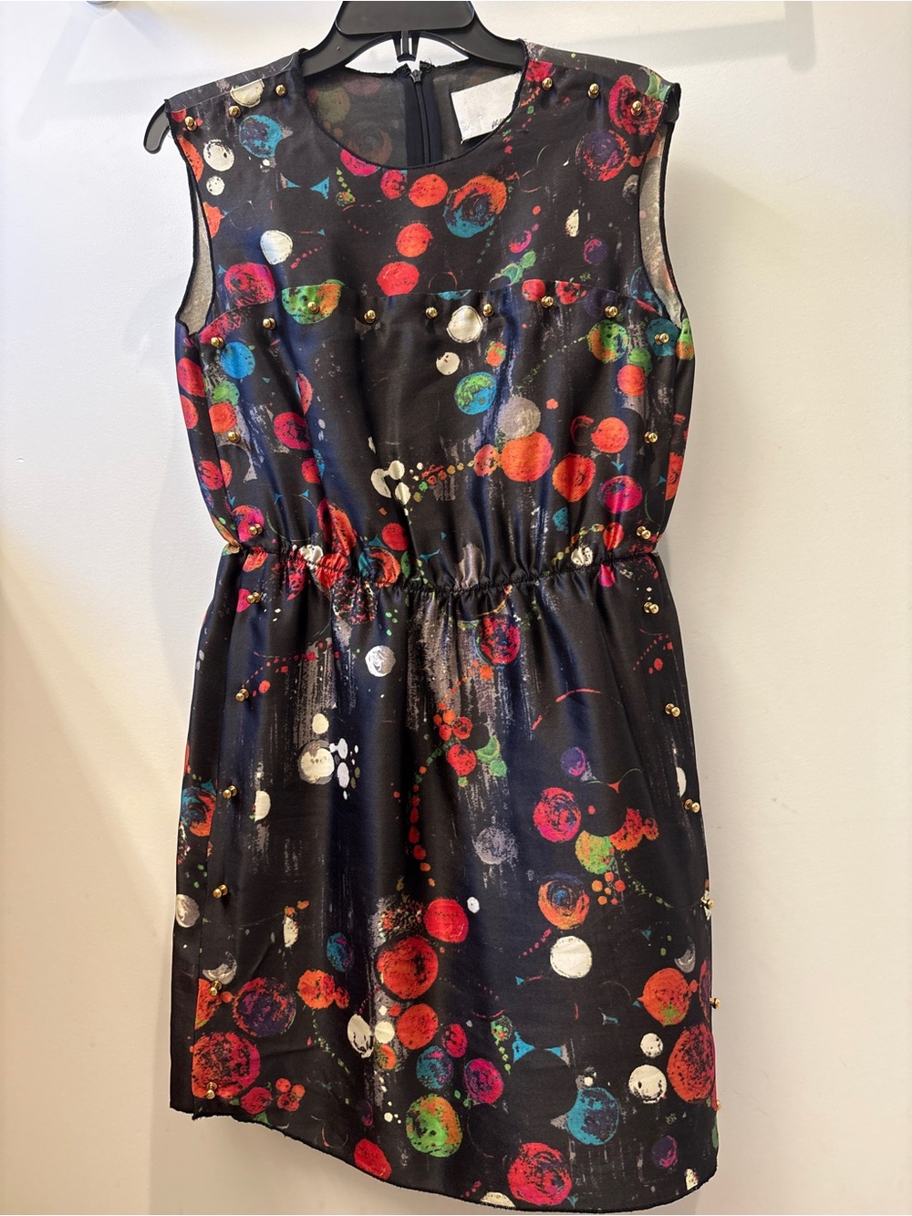 3.1 Phillip Lim Silk Black Sleeveless Mini Dress with Multicolor Dot Print